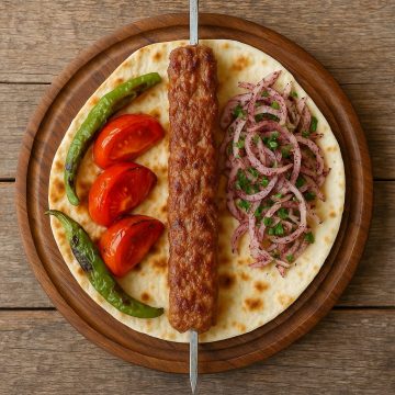 Adana-Kebap auf Spießen mit Beilagen wie Fladenbrot, gegrilltem Gemüse und Zwiebelsalat