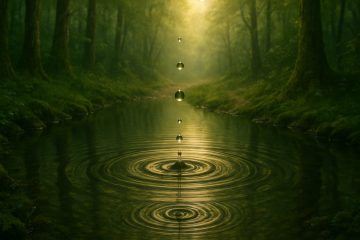 Wassertropfen fallen langsam in einen Teich im Wald und symbolisieren Geduld und beständigen Fortschritt.