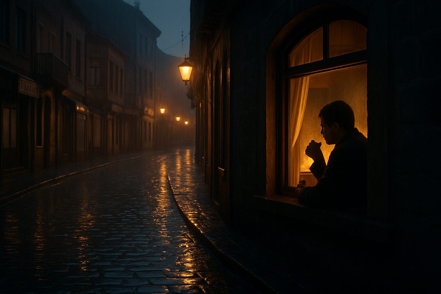 Person sitzt bei Regen am Fenster mit Teeglas – melancholische Stimmung in einer türkischen Gasse