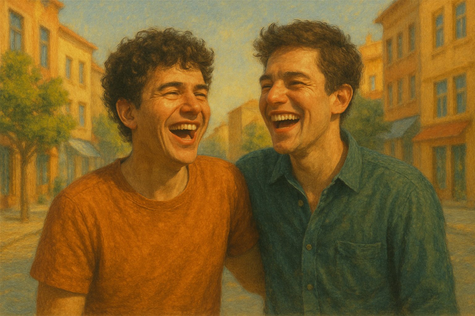 Zwei lachende Freunde an einem sonnigen Tag, Sinnbild für echte Freundschaft