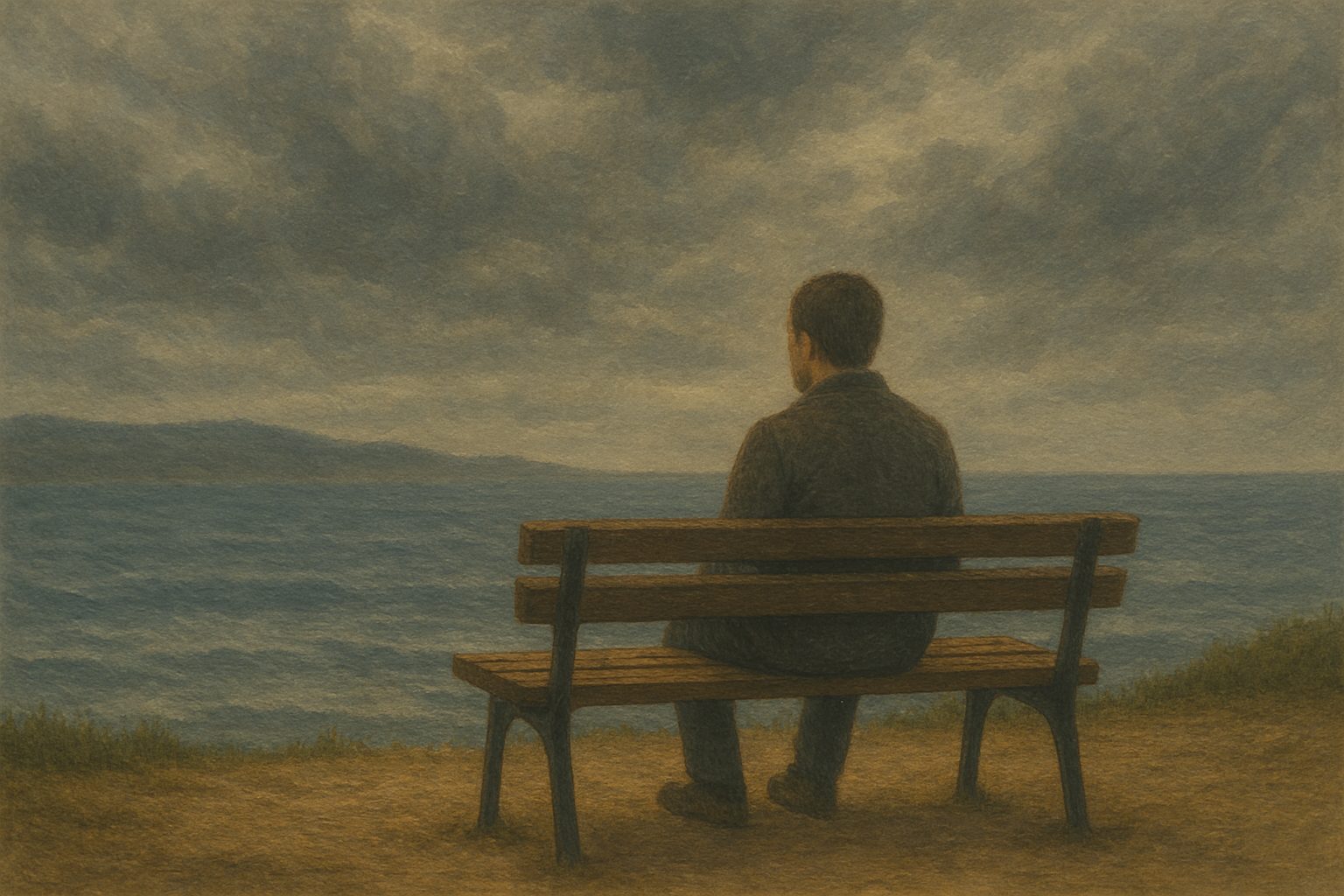 Einsame Person auf einer Bank am Meer unter wolkigem Himmel, Sinnbild für Sehnsucht und Vermissen