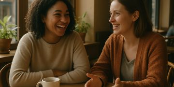 Zwei Freunde im Café im ehrlichen Gespräch mit warmer Atmosphäre
