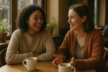 Zwei Freunde im Café im ehrlichen Gespräch mit warmer Atmosphäre