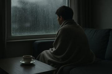 Nachdenkliche Person allein auf dem Sofa, blickt durch ein verregnetes Fenster