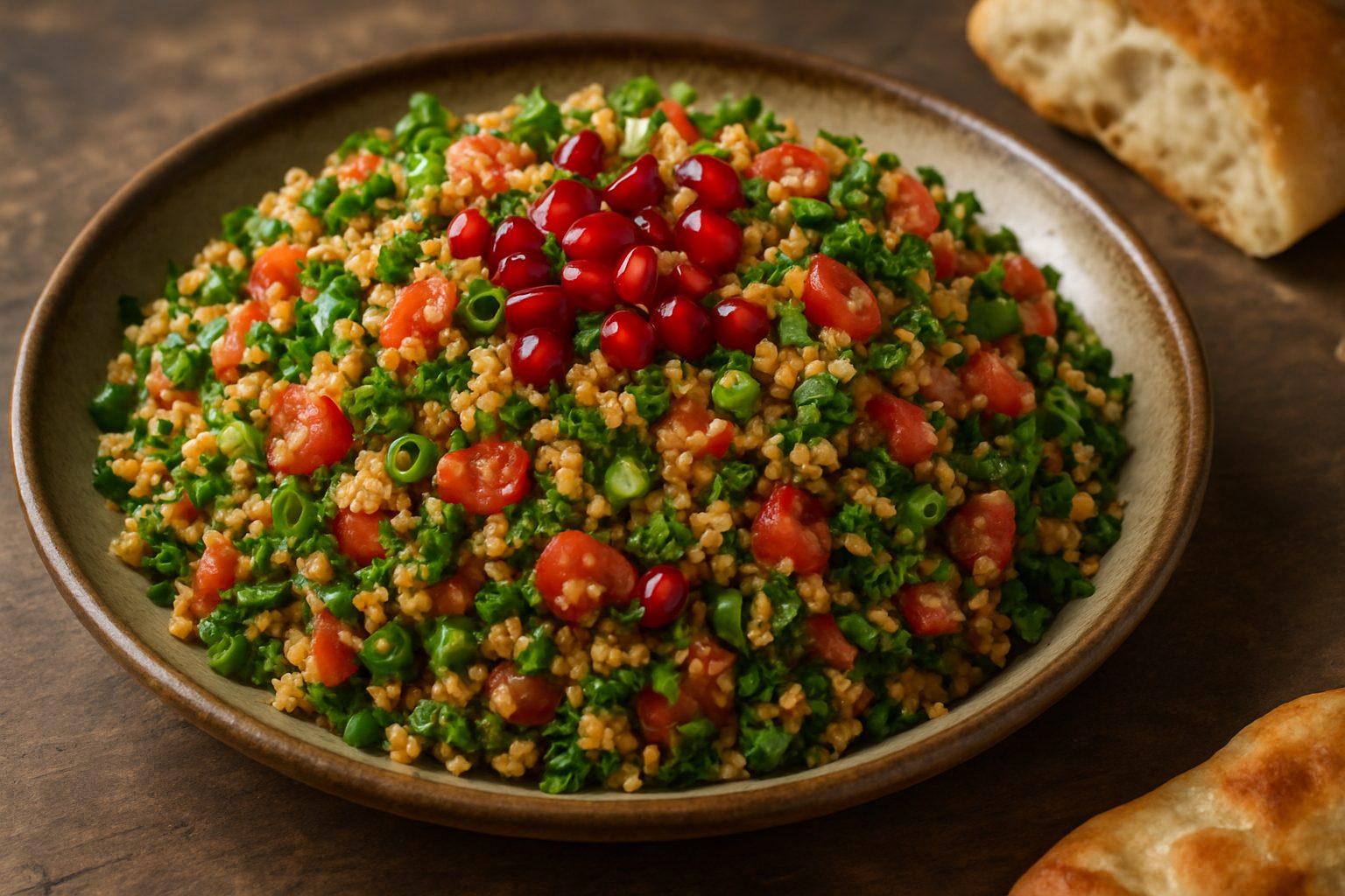 Kısır türkischer Bulgursalat mit Petersilie, Tomaten und Granatapfel serviert