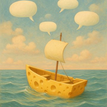 Ein aus Käse gebautes Schiff sinkt, während Sprechblasen über dem Meer schweben