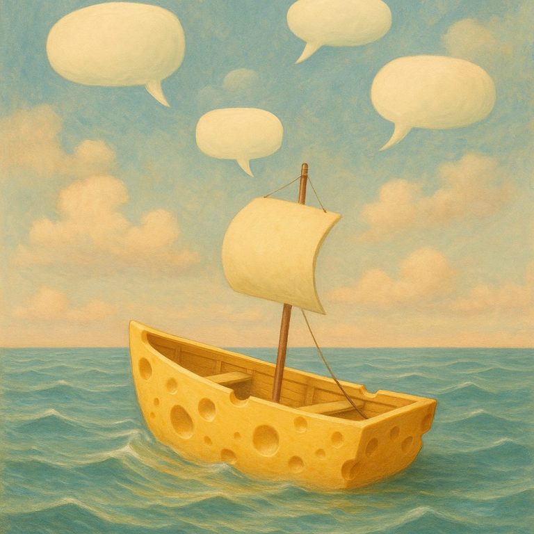 Ein aus Käse gebautes Schiff sinkt, während Sprechblasen über dem Meer schweben