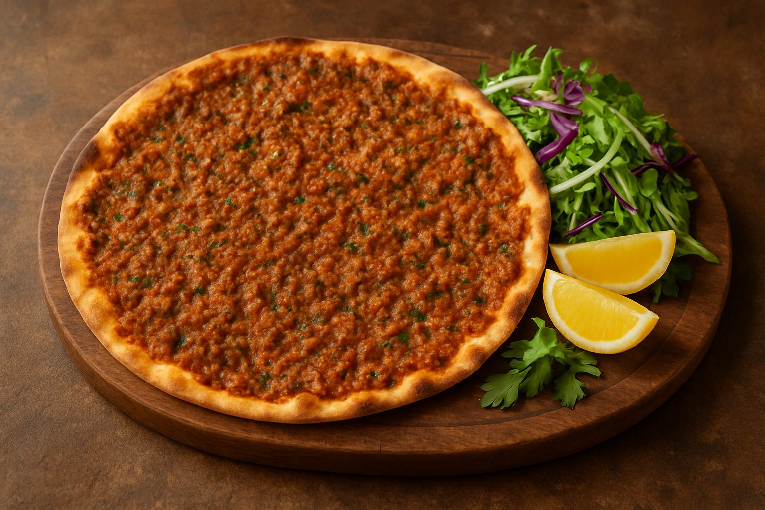 Lahmacun türkische Pizza mit Hackfleischbelag und Salat serviert