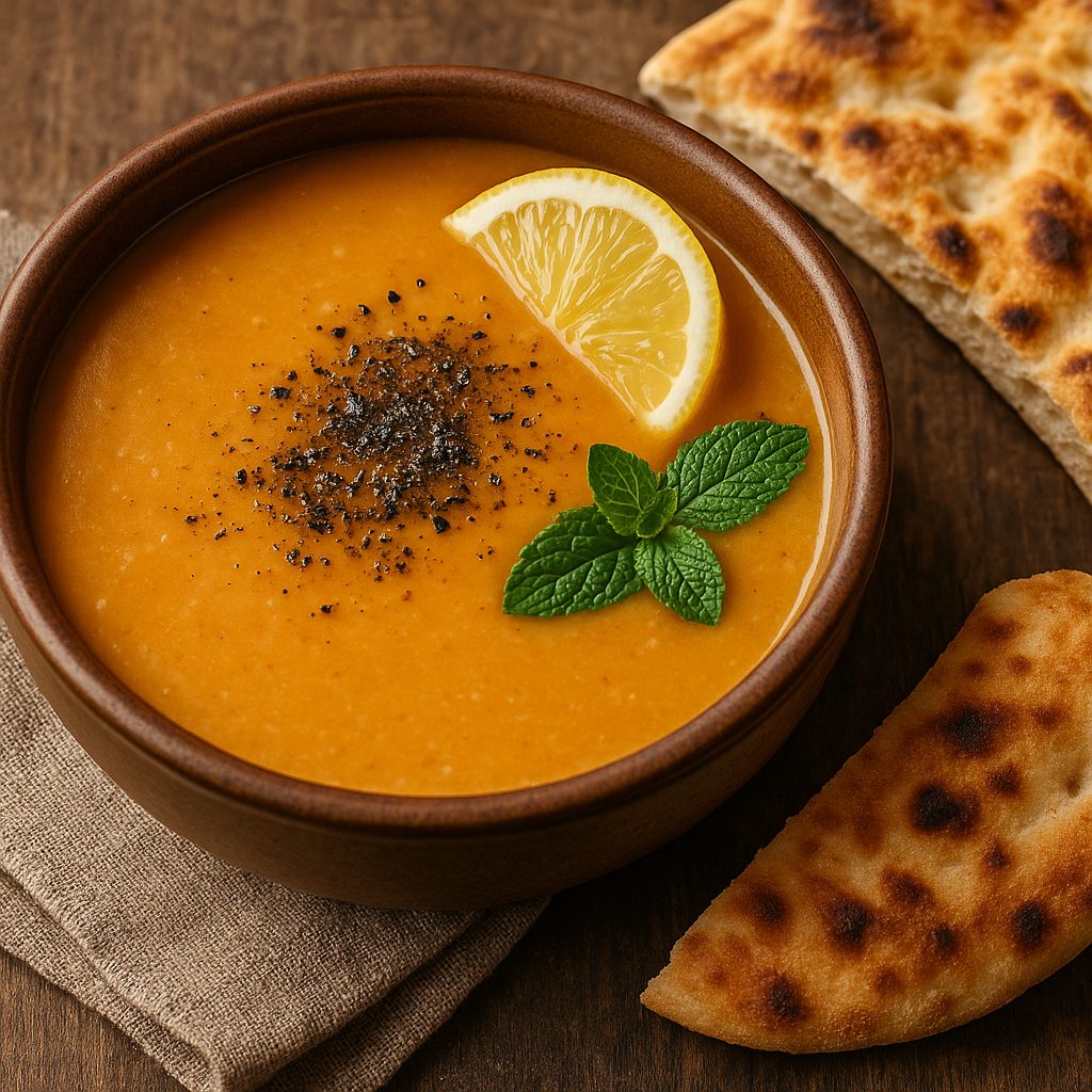 Mercimek Çorbası cremige türkische Linsensuppe mit Zitrone serviert