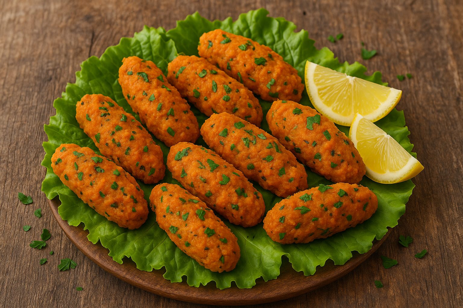 Mercimek Köftesi türkische Linsenfrikadellen auf Salat mit Zitrone serviert