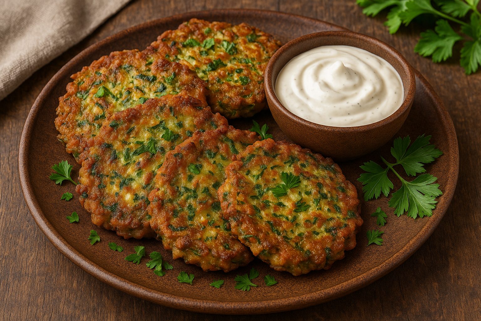 Mücver türkische Zucchini-Puffer mit Feta und Kräutern serviert mit Joghurt-Dip