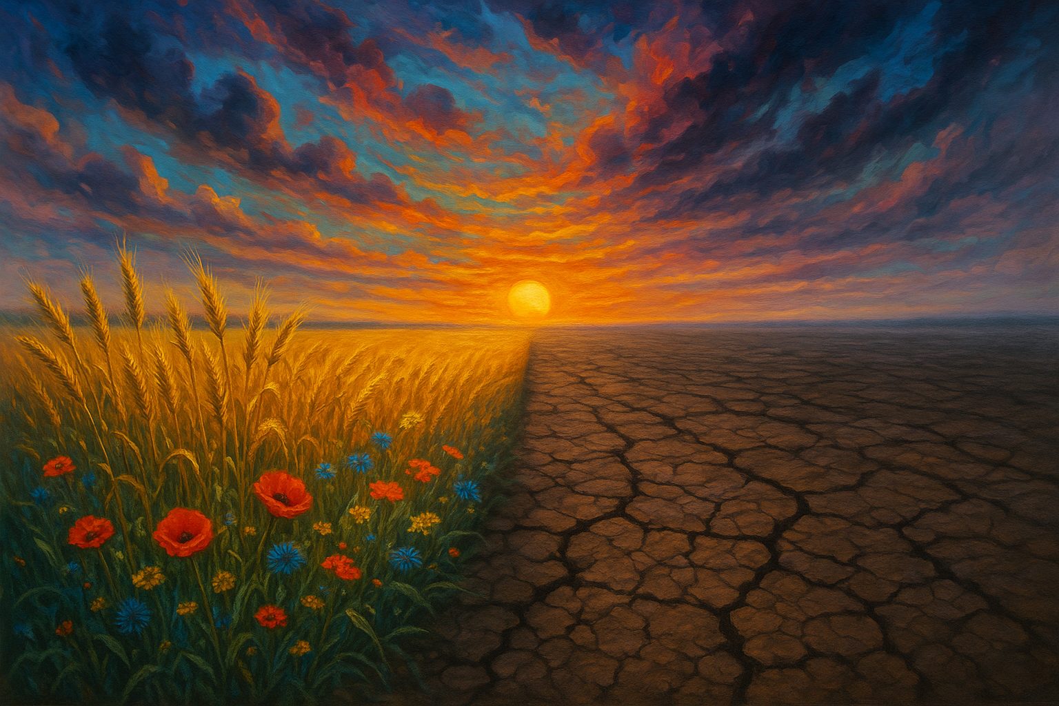 Symbolisches Bild für "Ne ekersen, onu biçersin": Ein blühendes und ein verdorrtes Feld unter einem farbenfrohen Sonnenuntergang.