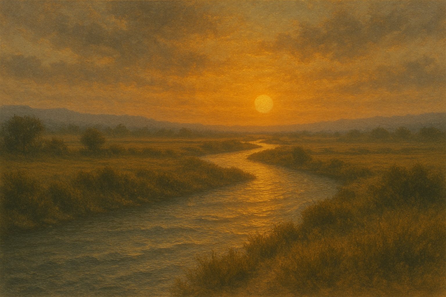 Ein ruhiger Fluss im Sonnenuntergang, Symbol für das vorbeiziehende Leben