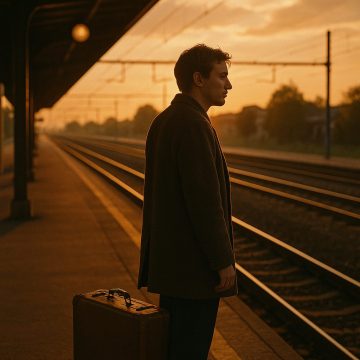 Person am Bahnsteig bei Sonnenuntergang mit sehnsüchtigem Blick in die Ferne