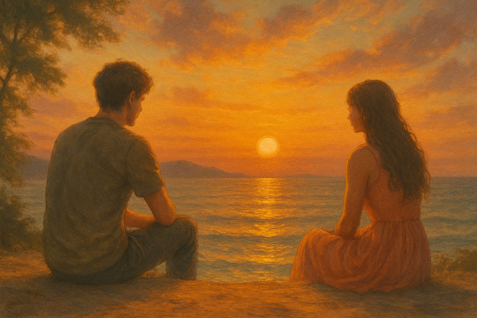 Romantische Szene am Meer bei Sonnenuntergang, inspiriert von türkischer Sehnsucht und Liebe