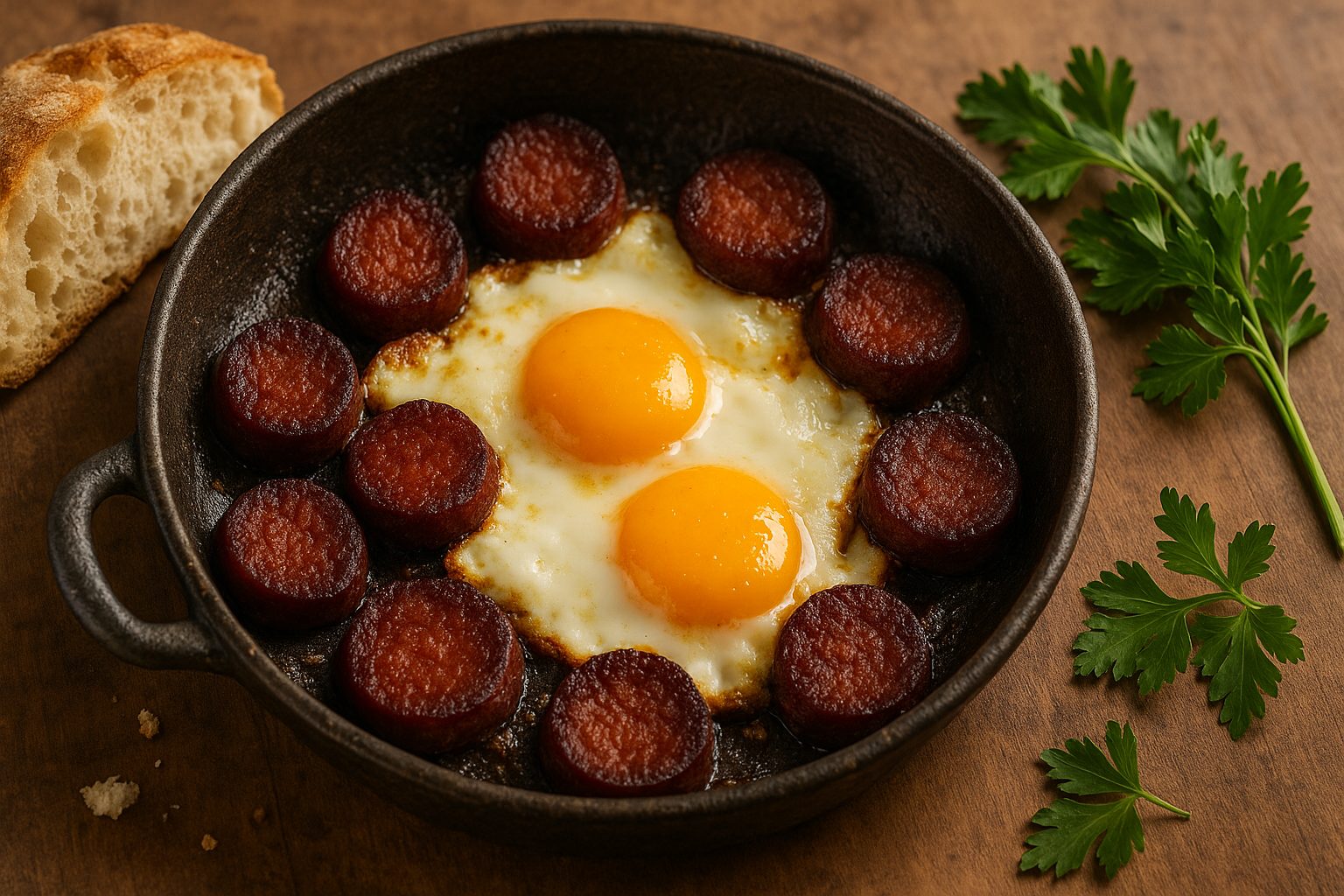 Sucuklu Yumurta mit knuspriger Sucuk und Spiegelei in Pfanne serviert
