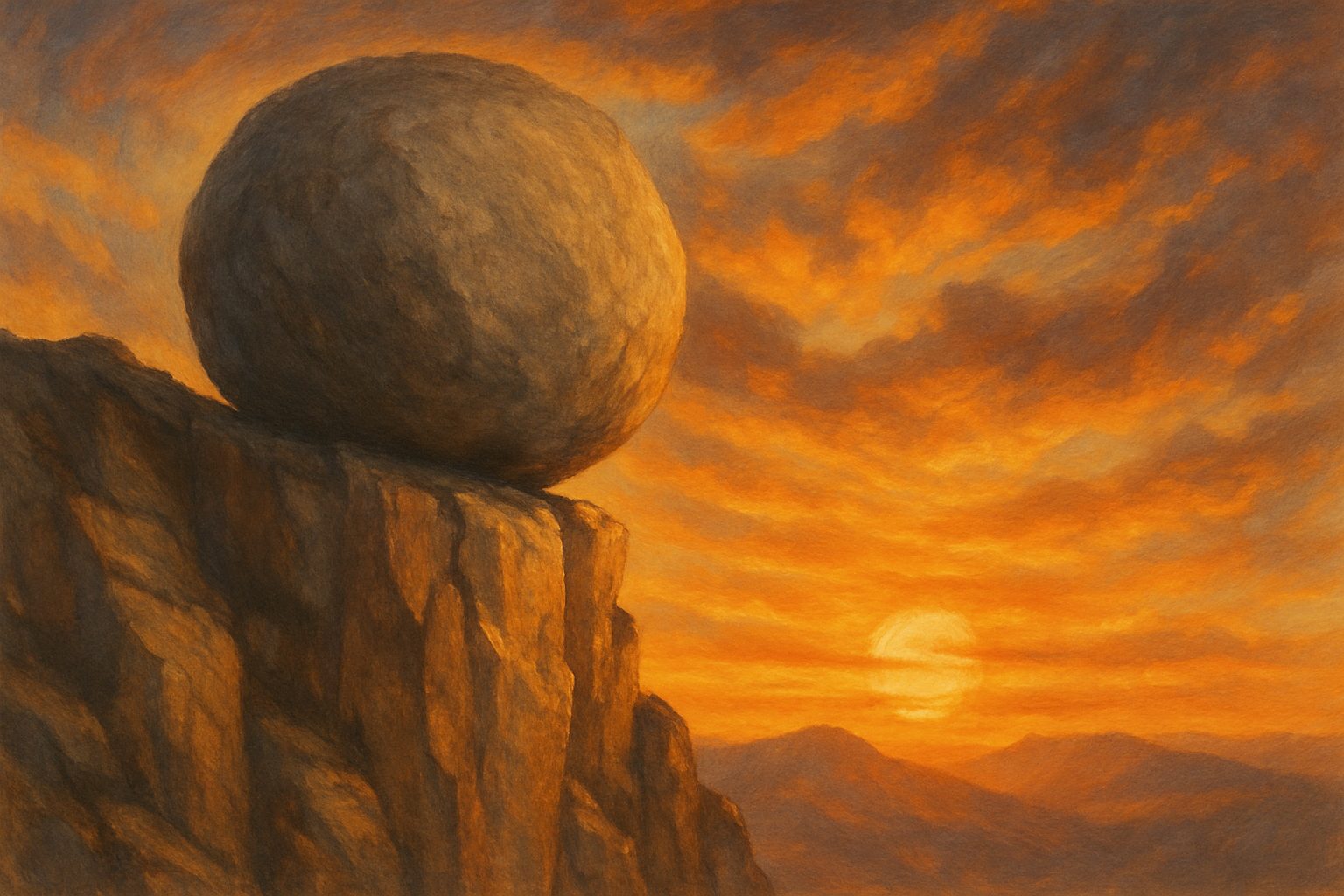 Symbolisches Bild für "Taş yerinde ağırdır": Ein schwerer Fels liegt fest verankert auf einem Berggipfel bei Sonnenuntergang.