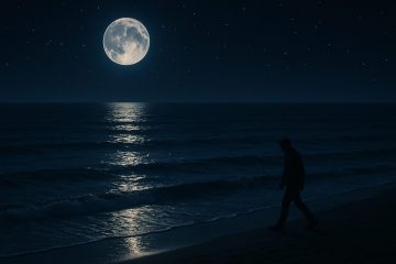 Nachtaufnahme vom Meer mit mondlichtglitzernder Wasseroberfläche und ruhiger Atmosphäre